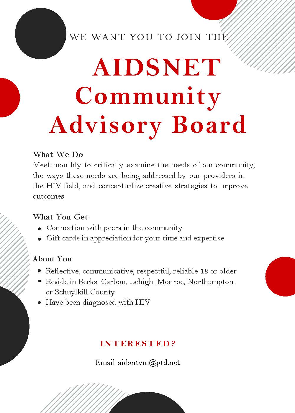 AIDSNET Community Advisory Board Flyer